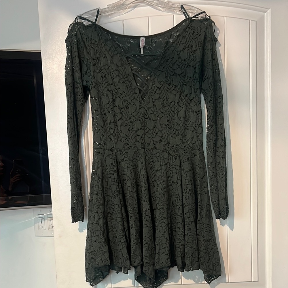 Free People Intimately Dark Green Sheer Lace Dress Fairy Hem Size S